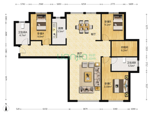 天居锦河丹堤 3室1厅2卫 144平方