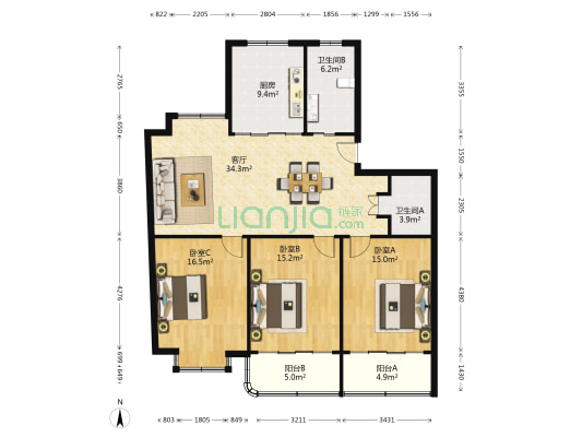 星晟花园 3室1厅2卫 134平方