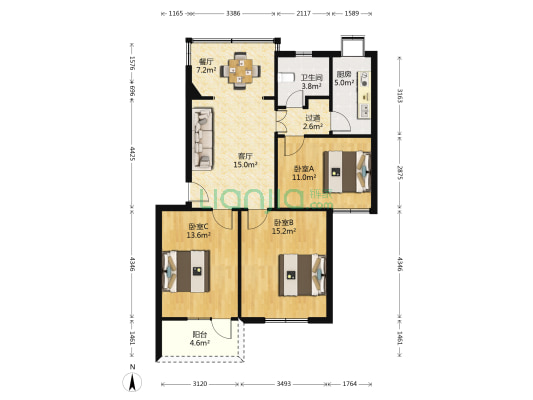 中南财经政法大学教工宿舍 3室2厅1卫 86平方