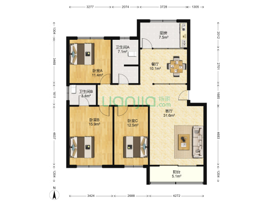 五环小区北院 3室2厅2卫 133平方