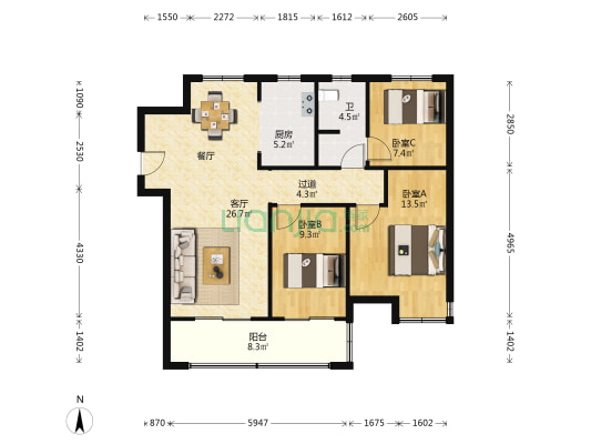 华地翡翠公园 3室1厅1卫 105平方