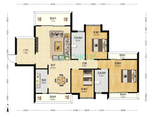 丘海警苑 3室1厅2卫 130平方