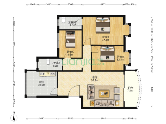 金声花园B区 3室1厅2卫 113平方