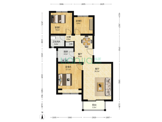 东方蓝海中心 3室2厅2卫 104平方