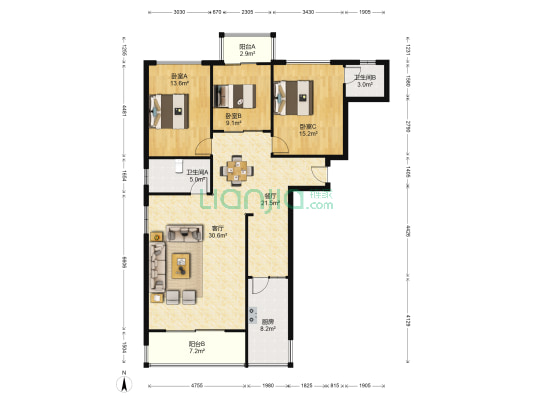 陽光叠彩 3室2厅2卫 137平方