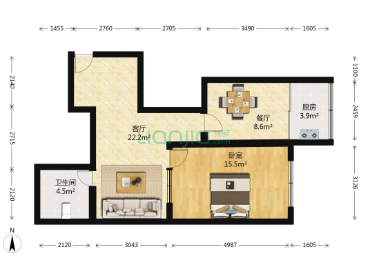 第五干休所 1室2厅1卫 67平方
