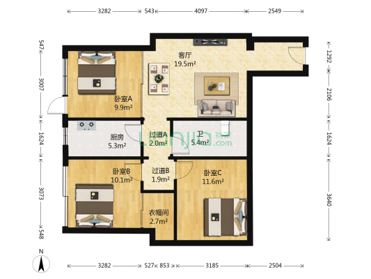 文苑花园(天河区) 3室1厅1卫 90平方