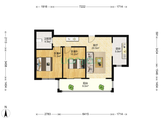 龙湖蓝湖公馆南区 2室1厅1卫 76平方