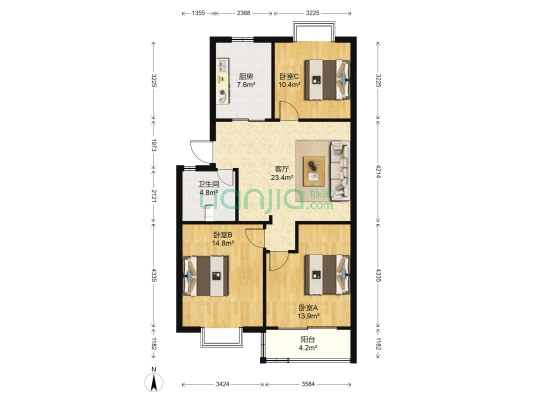 闻涛公寓 3室1厅1卫 96平方