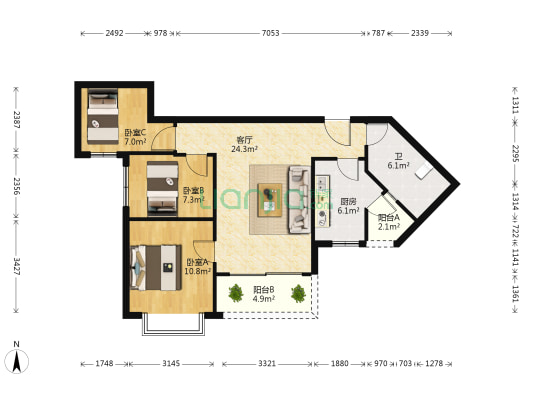 恒大嘉州城 3室1厅1卫 89平方