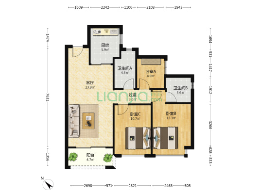 大华紫樾府 3室1厅2卫 88平方