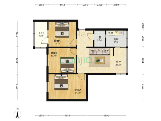双桥路 3室1厅1卫 79平方