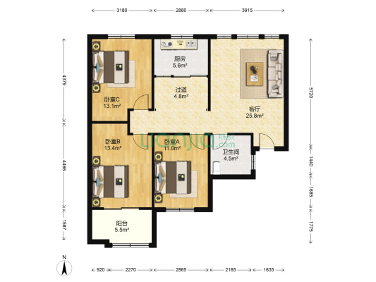 绿洲华庭 3室1厅1卫 114平方