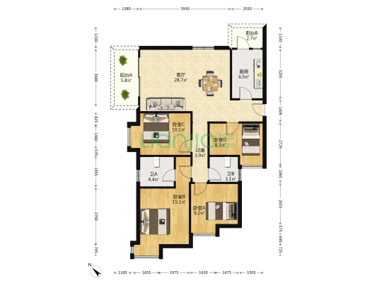 星湖华苑 4室1厅2卫 110平方