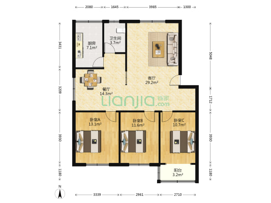 涝洼花园 3室2厅1卫 115平方