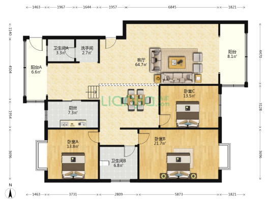 钰诚花园 3室1厅3卫 167平方