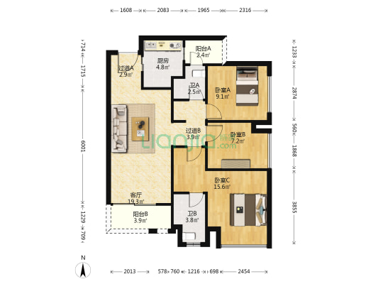 万科四季花城一期 3室1厅2卫 91平方