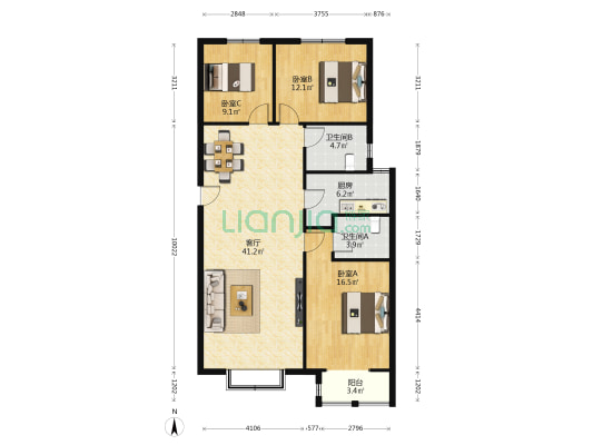 幸福城A区 3室1厅2卫 135平方
