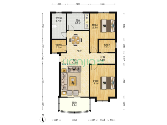 富兴花园 2室1厅1卫 105平方