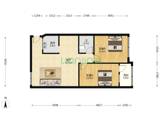 后龙南街 2室1厅1卫 90平方