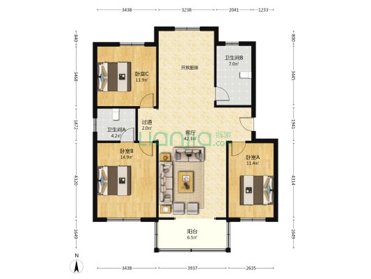 银河星城·星天地 3室1厅2卫 120平方