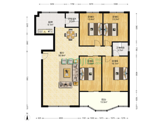 宏辉家园 4室1厅2卫 168平方