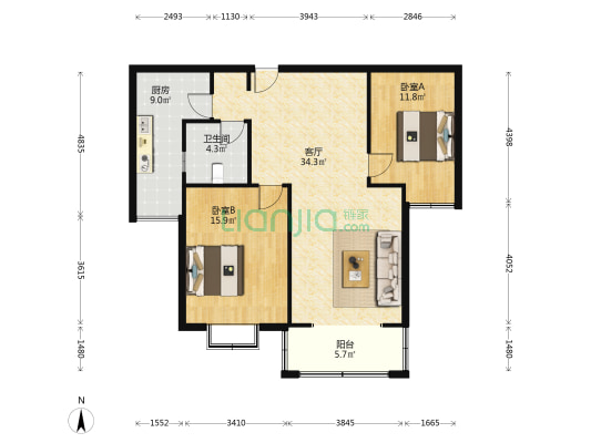 御花园 2室1厅1卫 103平方