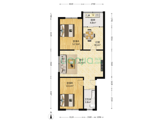 祥和小区 2室1厅1卫 88平方