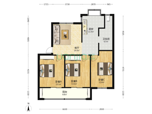 襄城区物价分局家属楼 3室1厅1卫 95平方