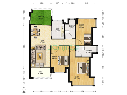 世纪新城三期 3室1厅2卫 142平方