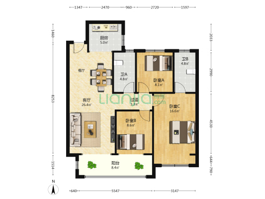 宇龙新城 3室1厅2卫 120平方