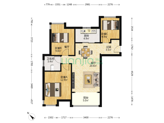 阳光城文澜府 3室1厅1卫 87平方