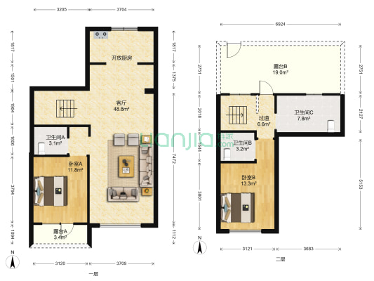 世茂国风龙院 2室1厅3卫 128平方