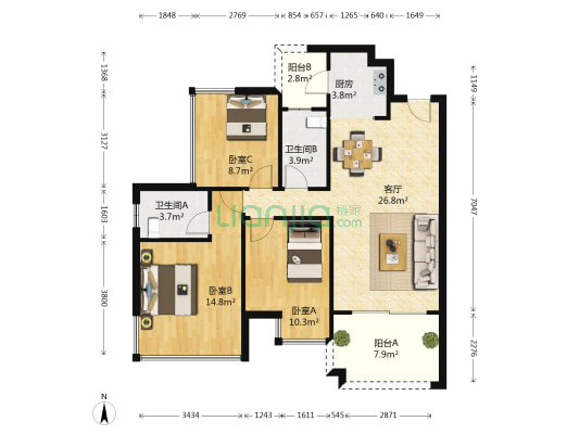 霖峰壹號一组团 3室1厅2卫 88平方