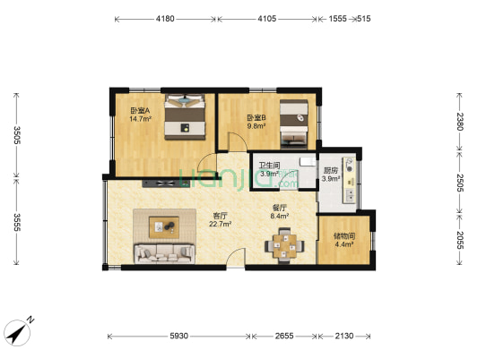 美湾东一区 2室2厅1卫 80平方