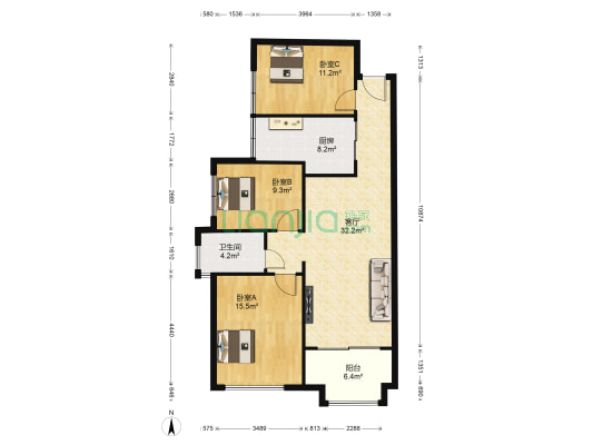 恒宇海岸华府二区 3室1厅1卫 73平方