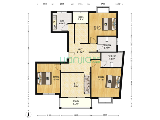 鑫都城柳岸人家 3室2厅2卫 129平方