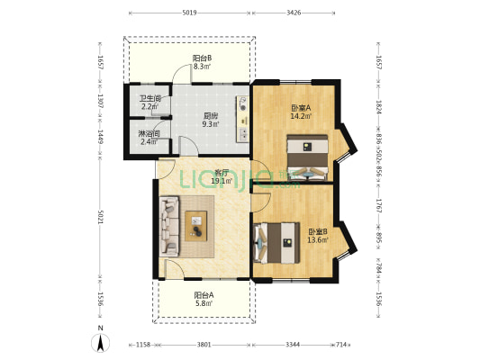 富华街2号 2室1厅2卫 81平方