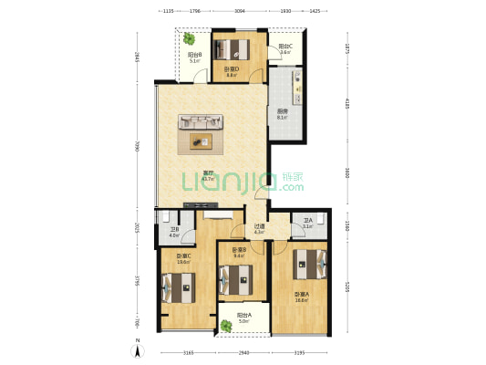 海口兰园 4室1厅2卫 130平方