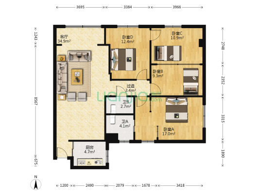 江南大厦 4室1厅2卫 133平方