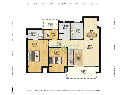 万和源花园 3室1厅2卫 118平方