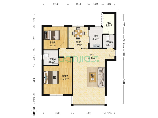 龙锦晓筑 2室2厅2卫 89平方