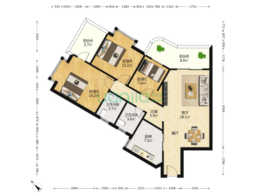汇翠山庄沁芳园 3室1厅2卫 116平方
