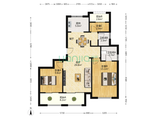 招商新城雍景湾 3室1厅2卫 105平方