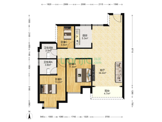 玫瑰新城 3室1厅2卫 89平方