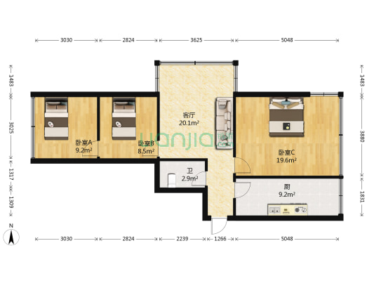 光华小区 3室1厅1卫 91平方