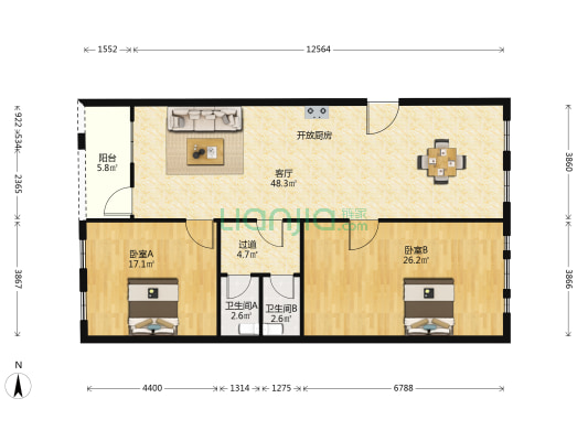 德宝花园南区 2室1厅2卫 122平方