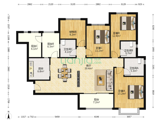 恒大都市广场 3室1厅3卫 173平方
