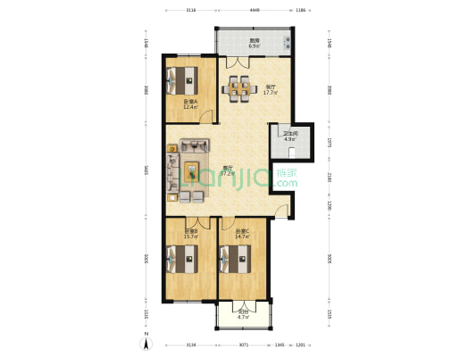 市府小区北 3室2厅1卫 139平方
