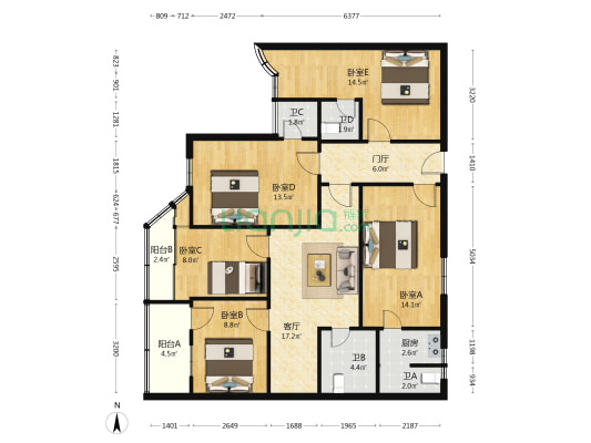 天皇大厦 5室1厅4卫 125平方